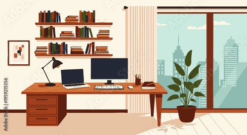 Wooden desk with laptop and monitor near window with city view and floating bookshelves computer monitor