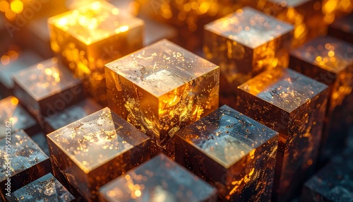 An abstract background of solid gold and silver cubes reflecting clear frozen ice and transparent water drops for a cool liquid gold drink