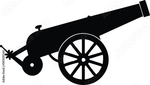 A simple black silhouette illustration of an antique cannon