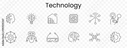 Technology set icon. Ai, brain, analytics, chip, network, robot, vr, automation, drone, innovation, machinelearning, digital, future, science, system, data