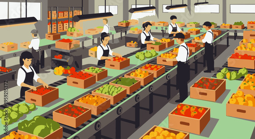 Workers on an assembly line sorting and packing various fruits in a clean industrial facility