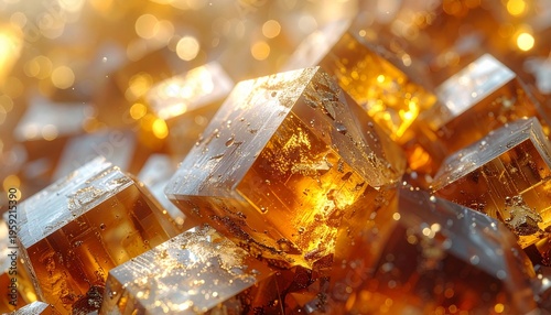 An abstract background of solid gold and silver cubes reflecting clear frozen ice and transparent water drops for a cool liquid gold drink