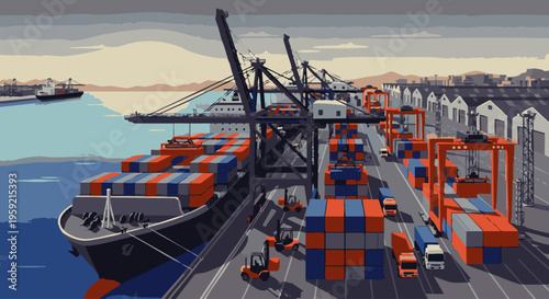Busy port with large cargo ship loading orange shipping containers and cranes