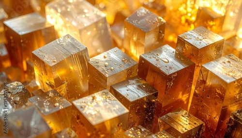 An abstract background of solid gold and silver cubes reflecting clear frozen ice and transparent water drops for a cool liquid gold drink