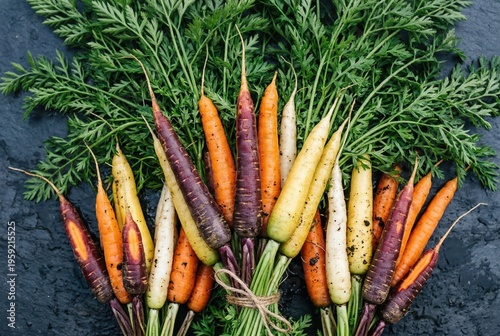 Aesthetic Arrangement of Vibrant Organic Carrots in Diverse Colors on Textured Dark Surface Evoking Culinary Creativity and Wholesome Nutrition