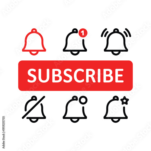 A graphic illustration of various bell icons and a subscribe button