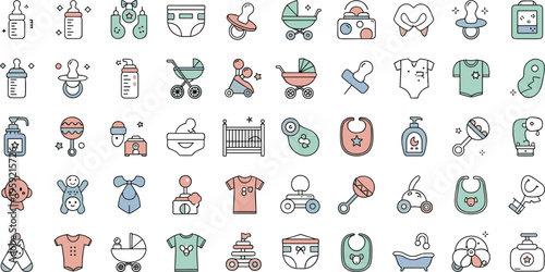 Baby Care Icons Vector Set with Infant Essentials, Bottle Pacifier Stroller Clothes Toys and Hygiene Items Collection for Nursery Design and Parenting Graphics.