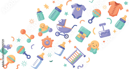 Baby Essentials Vector Set with Infant Products, Feeding Bottles Clothes Stroller Toys and Accessories Collection for Nursery Design, Childcare Illustration and Kids Graphics.