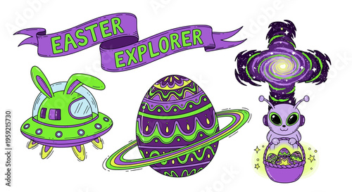 Whimsical easter-themed alien explorers in a cosmic adventure setting