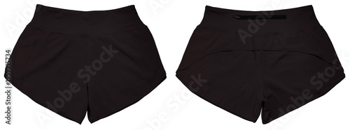 Black women’s running shorts isolated on white background, lightweight sportswear for fitness and training, breathable fabric activewear, minimal product shot for produce image, PNG File.