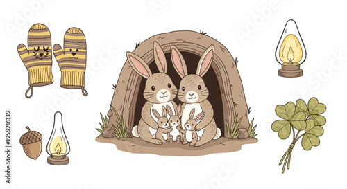 Cozy bunnies nestled in a rustic burrow with seasonal decorations.