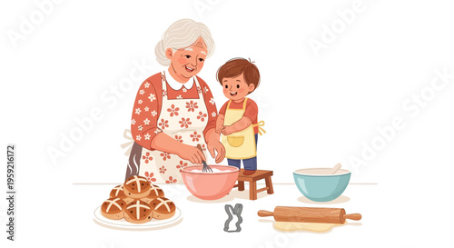 Grandmother teaching her grandchild how to bake together in a cozy kitchen setting