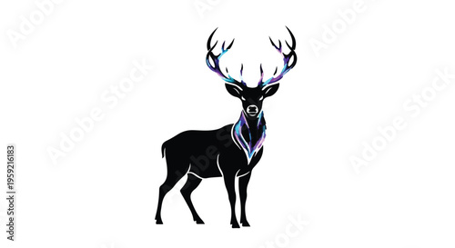 Majestic stag with vibrant, iridescent antlers stands proudly against a clean white background.