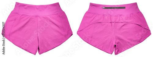 Pink women’s running shorts isolated on white background, lightweight sportswear for fitness and training, breathable fabric activewear, minimal product shot for produce image, PNG File.