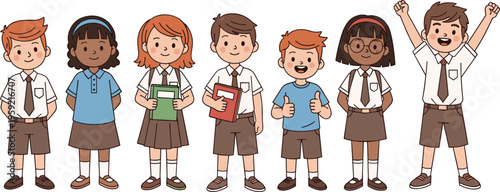 Diverse School Children Vector Set with Backpacks, Books, and School Uniforms for Education, Learning, and Classroom Designs