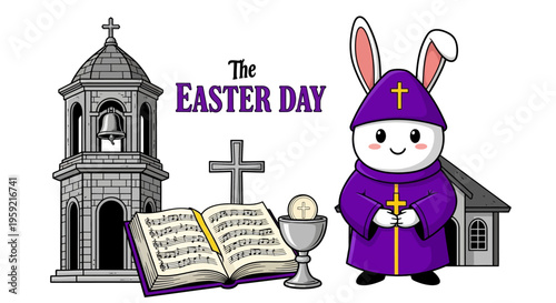 Easter celebration combining religious and whimsical elements with a purple-clad bunny