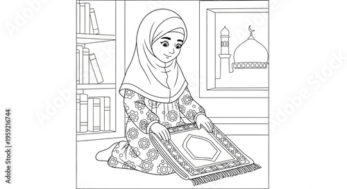 A young Muslim girl in a hijab kneeling on a prayer mat in a cozy room with a bookshelf and a framed mosque picture