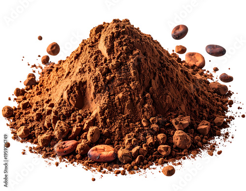 A mound of rich, dark cocoa powder with scattered cocoa beans