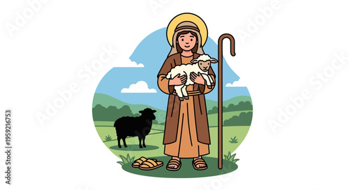 A young shepherd tending to his sheep in a serene pastoral landscape.