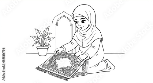 A young girl in a hijab kneels on a prayer mat with a plant and archway in the background