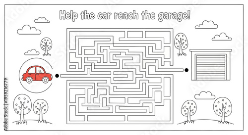 A maze for kids with a red car trying to reach a garage