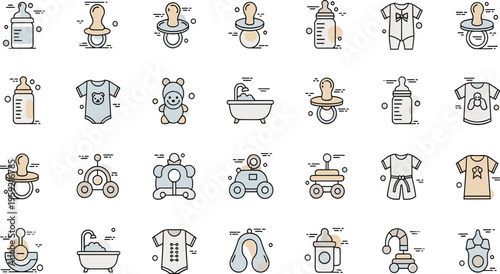 Baby Care Icons Vector Set with Infant Essentials, Pacifier Bottle Clothes Toys and Bath Accessories Collection for Nursery Design and Parenting Graphics.