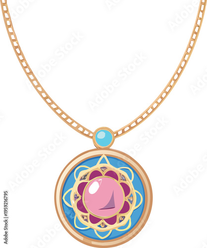 A golden necklace with a circular pink and blue pendant