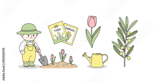 A cheerful gardener tending to a variety of plants and flowers in a sunny garden setting