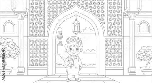 A cartoon boy standing in front of a mosque entrance with intricate architecture