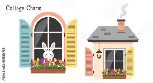 A charming cottage with a bunny peeking out of the window and a small garden.