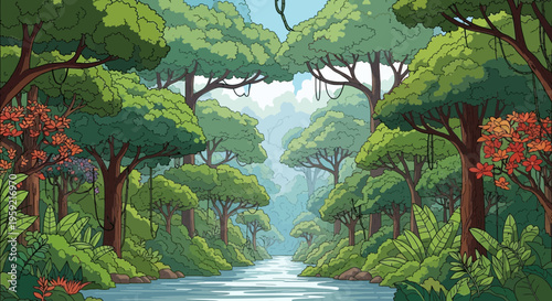 A serene and vibrant jungle scene with a winding river and lush greenery in a colorful vector illustration