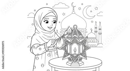 A young Muslim girl in a hijab lighting a traditional lantern on a table with a mosque in the background