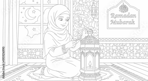 A young girl in a hijab kneels beside a lantern in a beautifully decorated room with Ramadan Mubarak sign