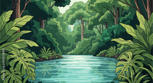 A serene and vibrant jungle scene with a tranquil river flowing through lush green foliage and trees in a flat, minimal vector illustration design.