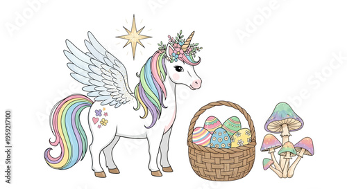 Whimsical unicorn with wings and a basket of magical mushrooms in a fairy tale setting