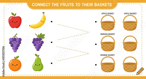 A colorful vector graphic illustration of a children's educational game where fruits are connected to their corresponding baskets