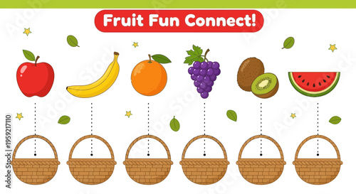 A colorful vector graphic illustration of fruit fun connect game for kids with baskets and various fruits