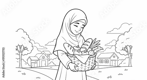 A black and white illustration of a woman wearing a hijab holding a basket of groceries in a suburban neighborhood