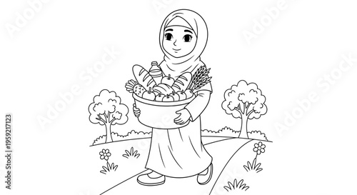 A smiling woman wearing a hijab holding a basket of fresh produce in a serene outdoor setting