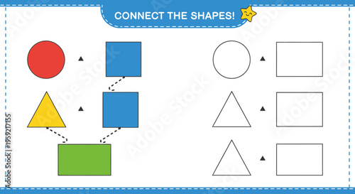 A colorful educational vector graphic illustrating a connect the shapes activity for kids with various geometric forms and a fun learning design
