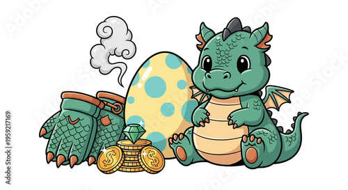 A whimsical dragon hatching an egg with treasure and a basket of gold coins nearby