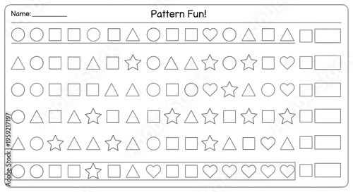 A worksheet for kids to practice patterns with various shapes in a fun and educational way
