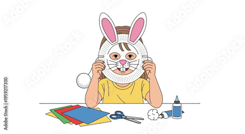 A whimsical bunny character appears deep in thought while holding a colorful object.