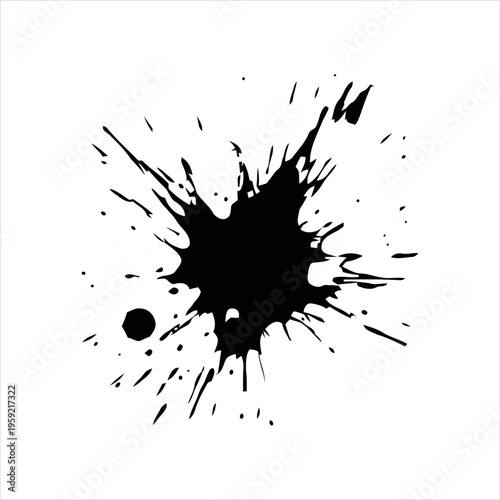 Black ink splatter collection isolated on white background. Abstract paint splash set with various shapes and textures, suitable for grunge design, artistic backgrounds, overlays, and creative graphic
