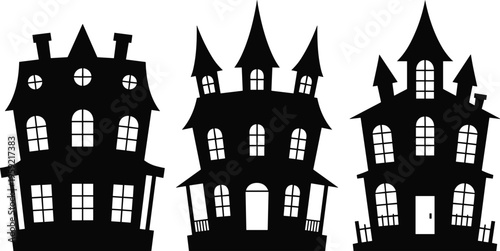 Spooky haunted house silhouette set with crooked roofs and gothic details, Halloween buildings collection vector illustration isolated on white background