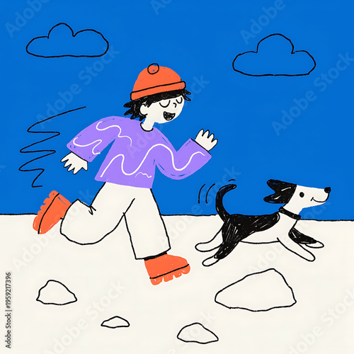 Boy Running With Pet Dog