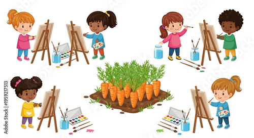 Children creatively painting and exploring nature with vibrant enthusiasm and color