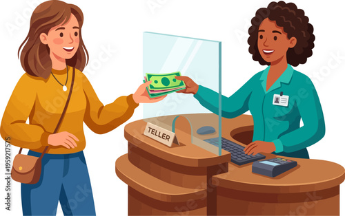 Bank teller handing cash to customer at service desk