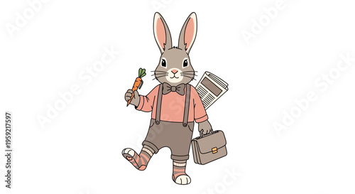 A whimsical cartoon rabbit character holding a carrot and a small plant in a playful stance