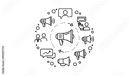 Bullhorn outline icons for advertising announcement communication and marketing campaigns